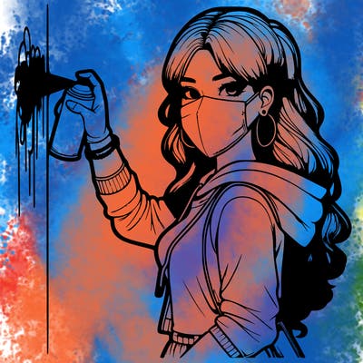 realistic girl with mask spray painting a wall