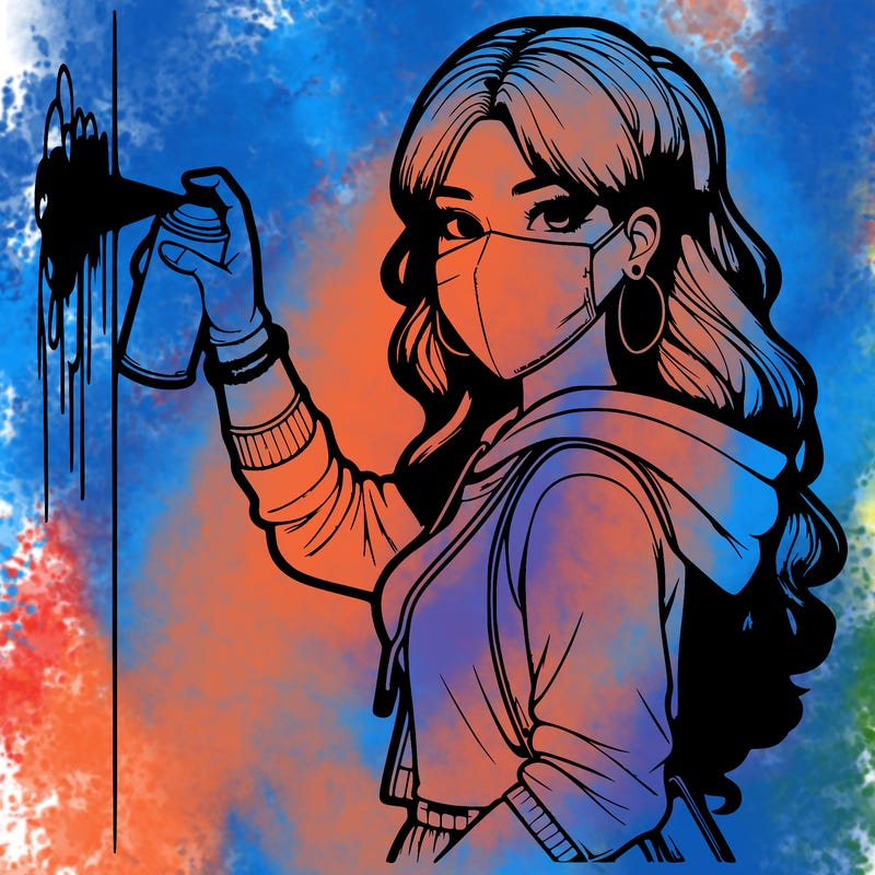 realistic girl with mask spray painting a wall