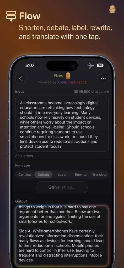 Russet: Private on-device AI - Russet app interface on iPhone showing the Flow feature for on-device AI text processing and debate
