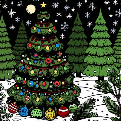 a detailed decorated christmas tree outdoors on a snowy winter night, amongst undecorated christmas trees