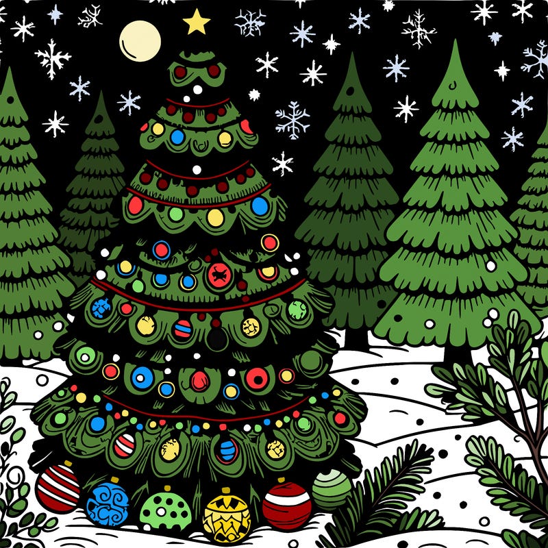 a detailed decorated christmas tree outdoors on a snowy winter night, amongst undecorated christmas trees