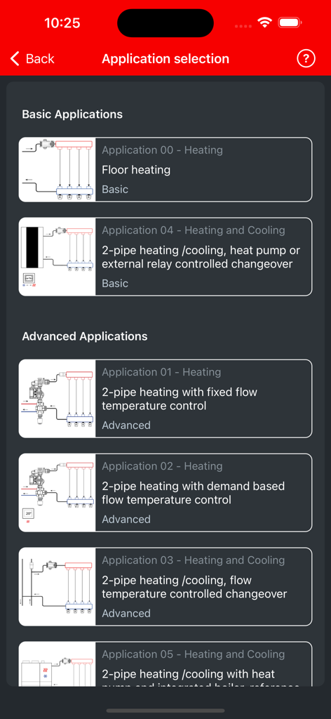 Danfoss Icon2™ - Danfoss Icon2 app screen showing basic and advanced application selection for floor heating and cooling systems