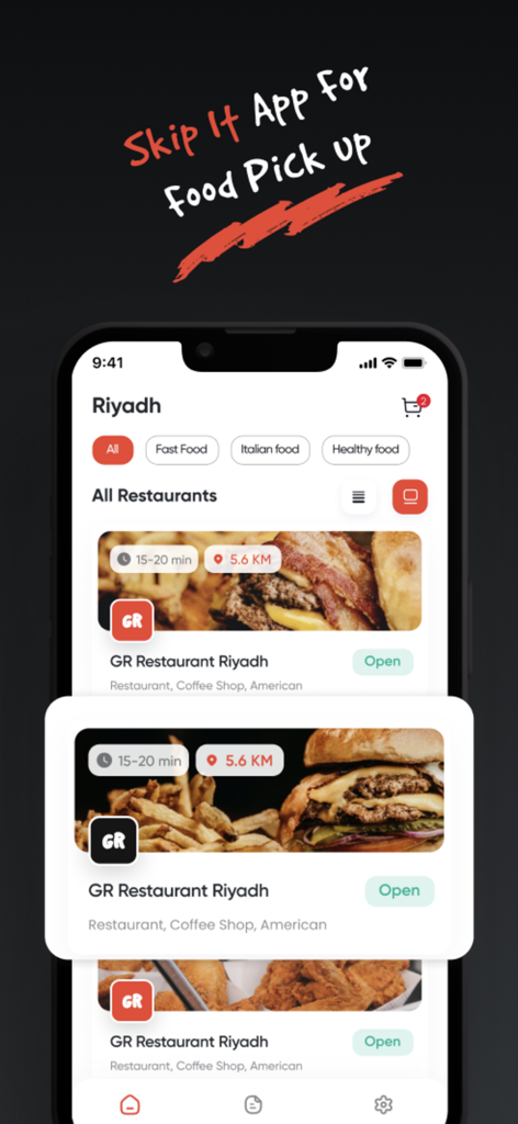 Skip App - Skip App mobile interface showing restaurant listings and pickup times for efficient food ordering
