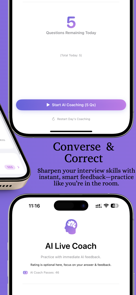 Interview Genie - iOS 개발자를 위한 AI 모의 면접 코칭 및 실시간 피드백을 보여주는 Interview Genie의 모바일 앱 화면