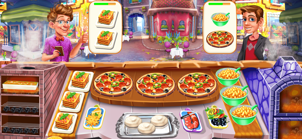 Cooking Island Restaurant Game - Gameplay screen of Cooking Island Restaurant Game showing prepared pizza and lasagna for customers in an outdoor restaurant setting