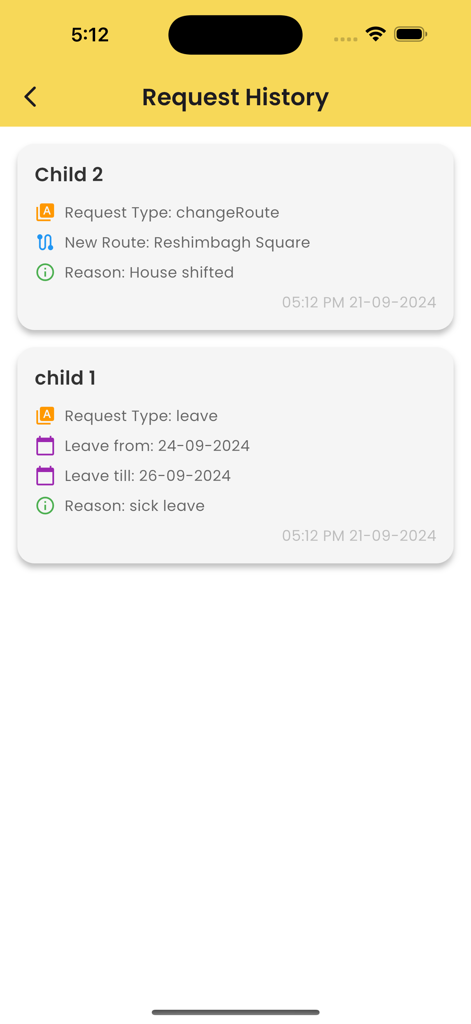 ParentsEye Parent - Request history screen in ParentsEye Parent app showing child leave and route requests