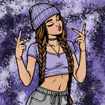 realistic teenage girl with braids and a beanie and crop top doing 🫶🏼