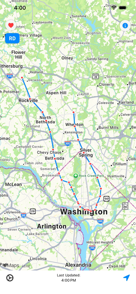DC Next Bus - A map interface showing transit routes and stops in Washington DC and surrounding areas