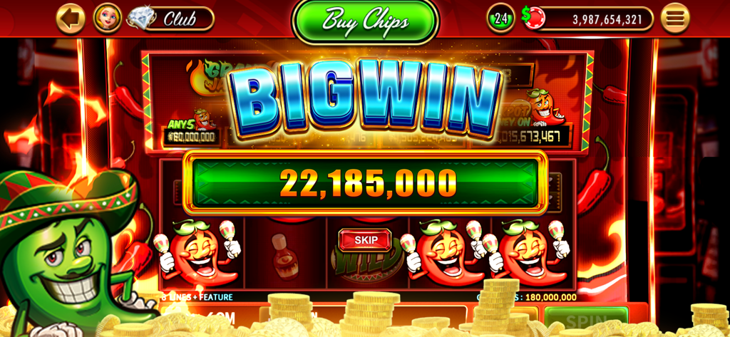 DoubleDown™ Casino Vegas Slots - DoubleDown Casino Vegas Slotsのチリをテーマにしたスロットマシンで、2200万枚以上のチップが表示されたビッグウィン画面。