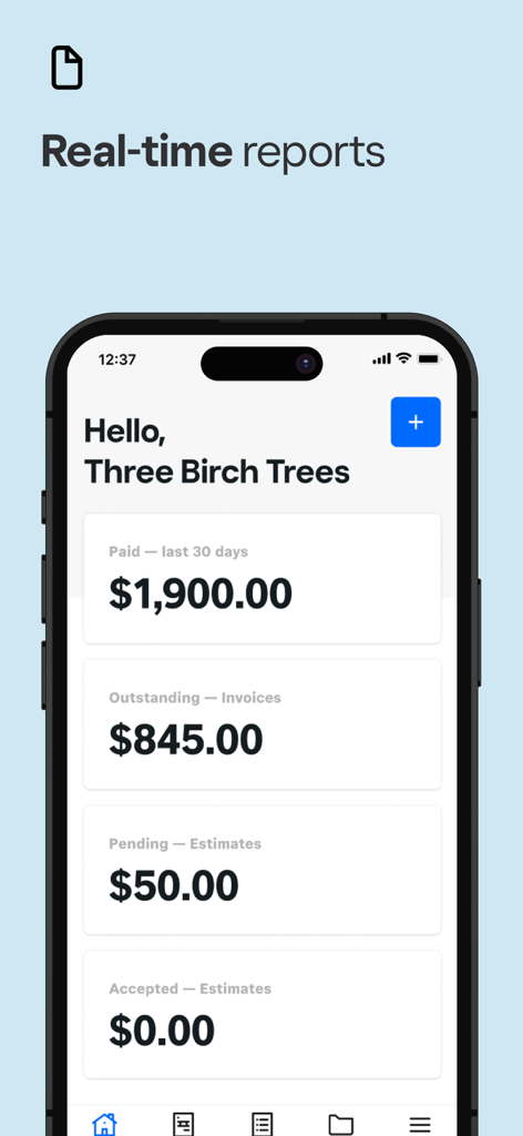 Square Invoices: Invoice Maker - Square Invoices mobile app dashboard displaying real time financial reports for a small business