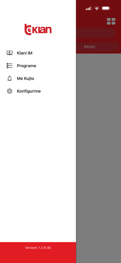 Klani IM - Klani IM mobile app sidebar navigation menu with Albanian language options for programs and settings