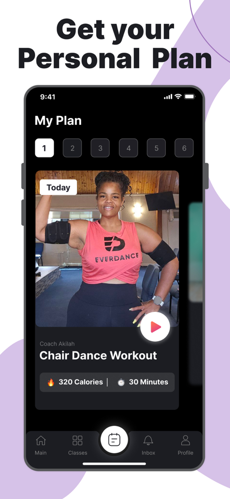 Everdance app screenshot showing a personalized daily chair dance workout plan with Coach Akilah