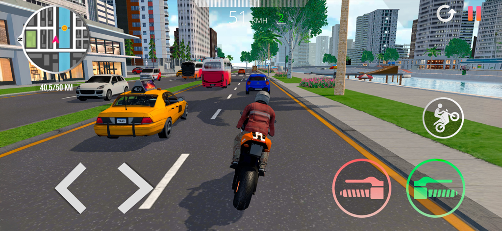 Vista en tercera persona de una motocicleta circulando entre el tráfico de la ciudad en el juego Motorcycle Real Simulator