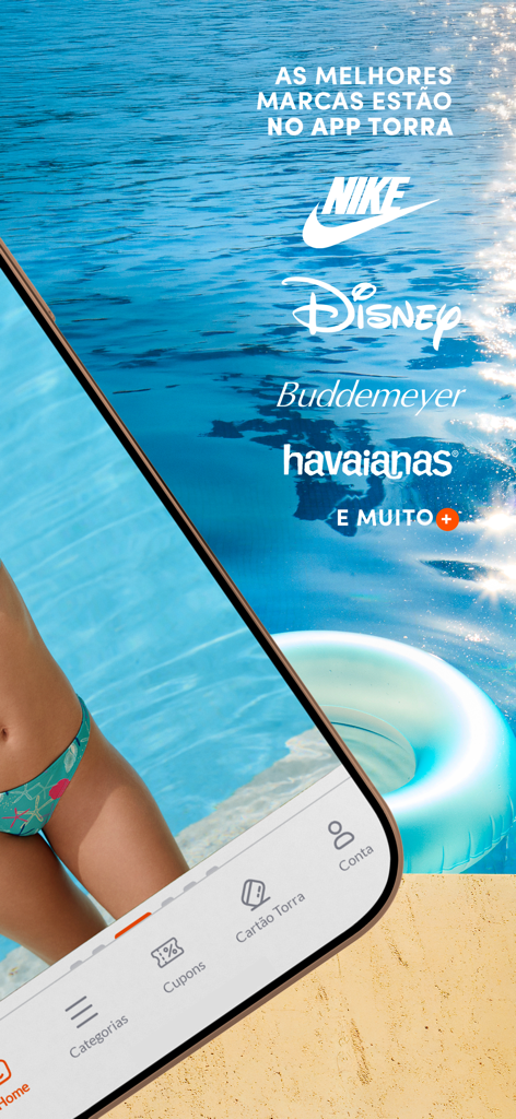Lojas Torra: Comprar Roupas - Lojas Torra shopping app interface showcasing famous brands like Nike and Havaianas over a summer pool background