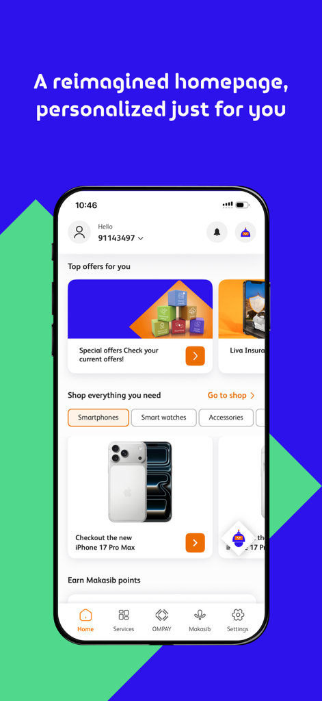 Omantel - Startseite der Omantel-App mit personalisierten Angeboten und elektronischen Einkaufskategorien