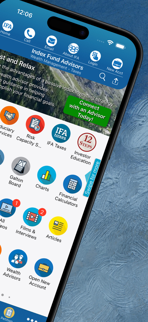 Index Fund Advisors - Index Fund Advisors app dashboard on an iPhone featuring investment tools like risk surveys and financial calculators.