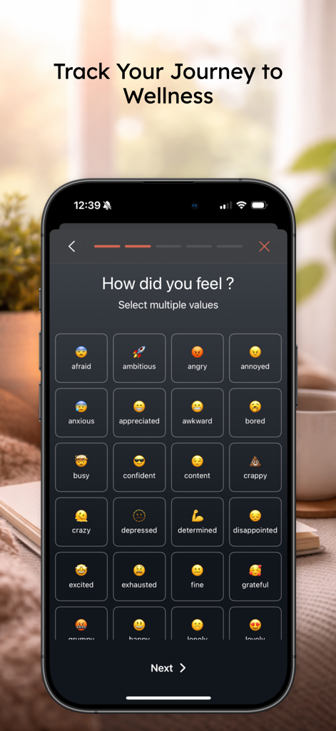 Delicious Fitness - Delicious Fitness app mood tracking screen with various emoji options