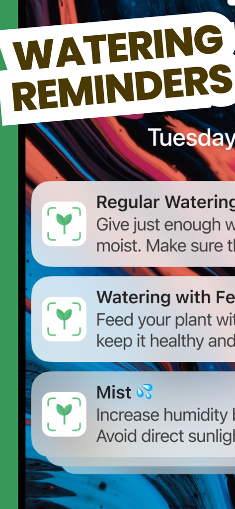 Free Plant Identifier - 定期的な水やり、施肥、霧吹きに関する植物ケア通知が表示されたスマートフォン画面。