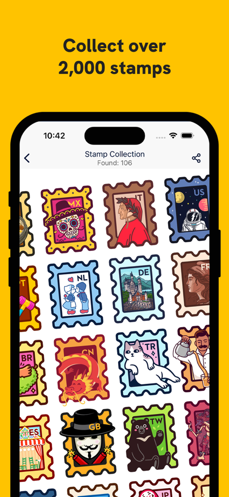 Digital stamp collection showing various global designs in the Slowly app.