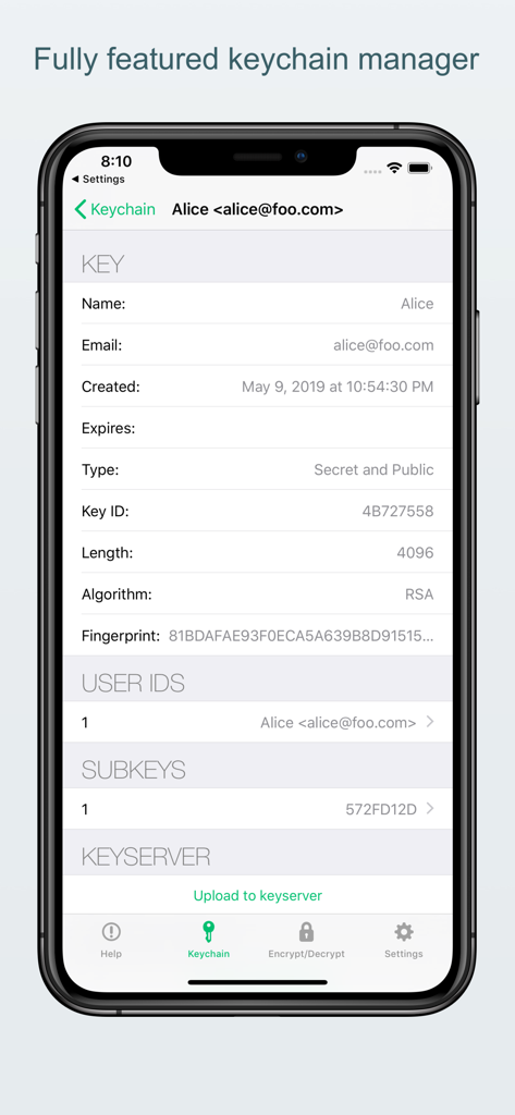 PGP Everywhere - Interface of the PGP Everywhere app showing the detailed settings of a public and secret RSA key within its keychain manager