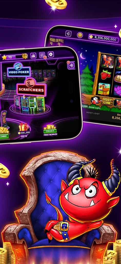 Lucky North Casino Games - Mobile screens displaying Lucky North Casino lobby and slot games with a red devil mascot sitting on a throne surrounded by gold coins.