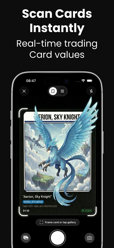 TCG Scan: Trading Card Scanner - Mobile app interface scanning a trading card and showing its real time market price