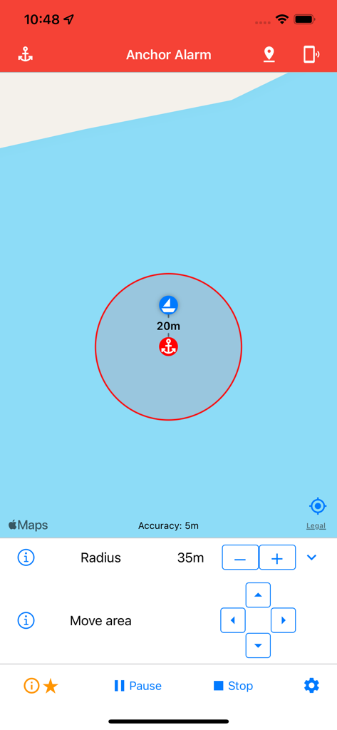Anchor Alarm app interface showing a boat icon within a red safety radius on a map
