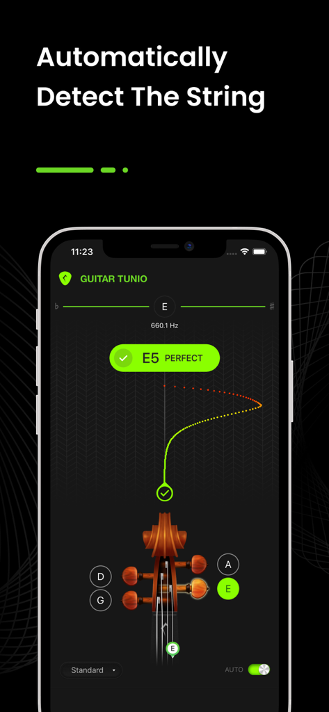 Guitar Tuner - GuitarTunio - Guitar Tunio App-Oberfläche, die die automatische Saitenerkennung für die Geigenstimmung zeigt
