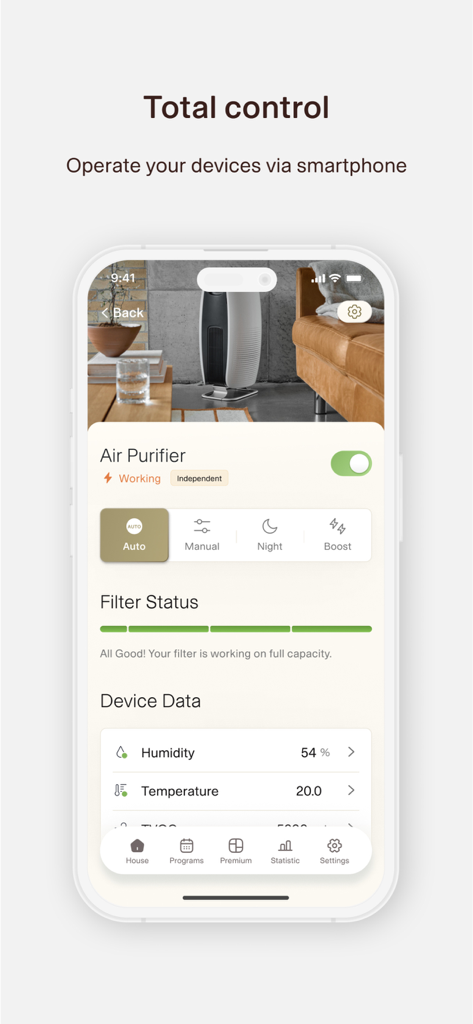 Mill Norway app displaying air purifier controls and indoor air quality data on a smartphone