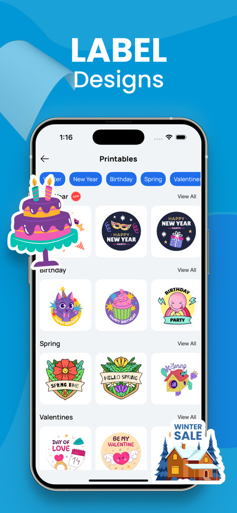 Pantalla de iPhone que muestra varios diseños de etiquetas imprimibles para fiestas, cumpleaños y temporadas en la aplicación Smart Printer