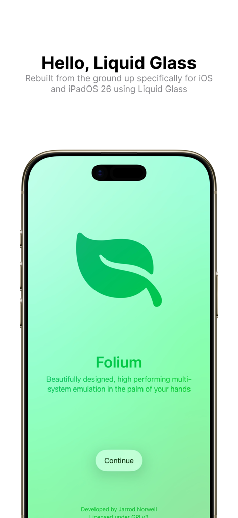 The welcome screen of the Folium multi-system emulator for iOS featuring a green leaf logo and a continue button