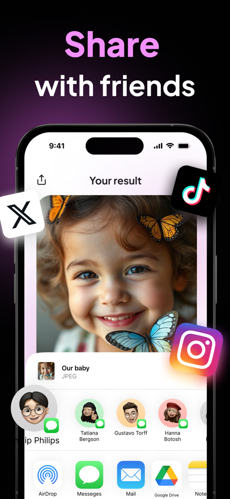 Une capture d'écran de l'application Baby Generator montrant un visage de bébé généré par IA avec des papillons et des icônes de partage sur les réseaux sociaux pour Instagram, TikTok et X