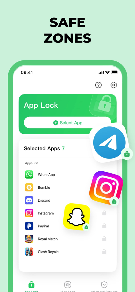 App Lock - AppLock Apps - Eine mobile Benutzeroberfläche von App Lock mit einer Liste gesicherter Anwendungen wie WhatsApp und Instagram mit grünen Schlosssymbolen zum Schutz der Privatsphäre.