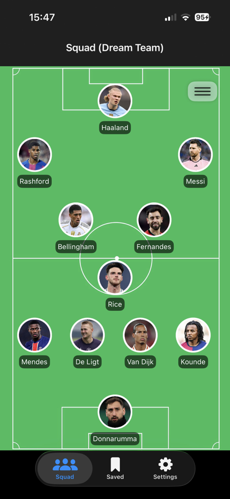 Squad11 - Lineup Builder - Squad11 app interface showing a dream team football lineup on a tactical pitch