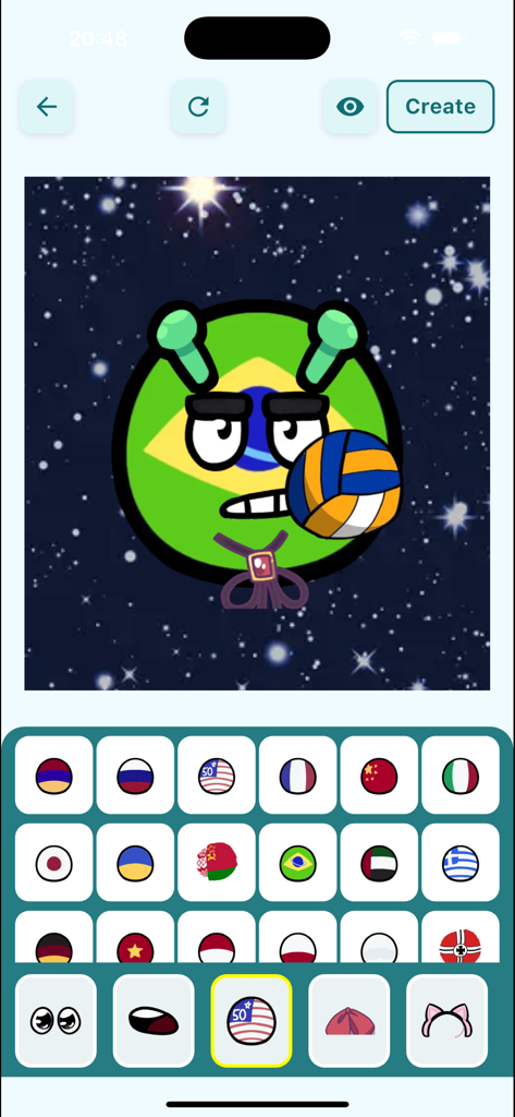 Country Ball Avatar Maker - A customization screen in the Country Ball Avatar Maker app showing a Brazil ball character with a volleyball and space background.