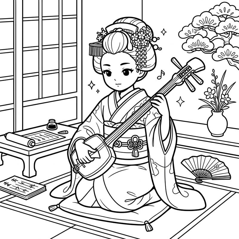 Dive into the graceful world of Japanese culture with this charming coloring page, depicting a Maiko elegantly playing her shamisen. Specially crafted for kids, it offers a wonderful opportunity to learn about traditional music and art while having creative fun.