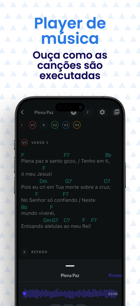 Harpa Cristã Cifrada (PRO) - Tela de smartphone mostrando o reprodutor de música com letras e acordes de violão para um hino cristão