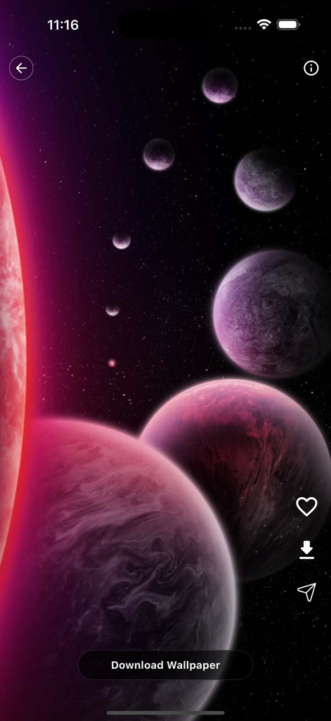 Wallhub Pro : FullHD Wallpaper - A high resolution wallpaper preview showing various purple and pink planets in a starry outer space theme.