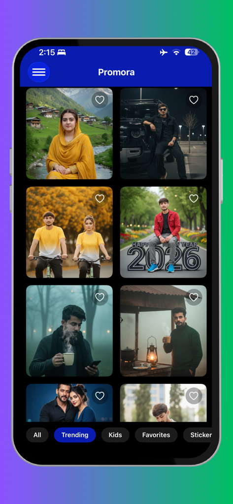 Promora - AI Prompt Generator - Promora app interface displaying a grid of trending AI image prompts and creative previews