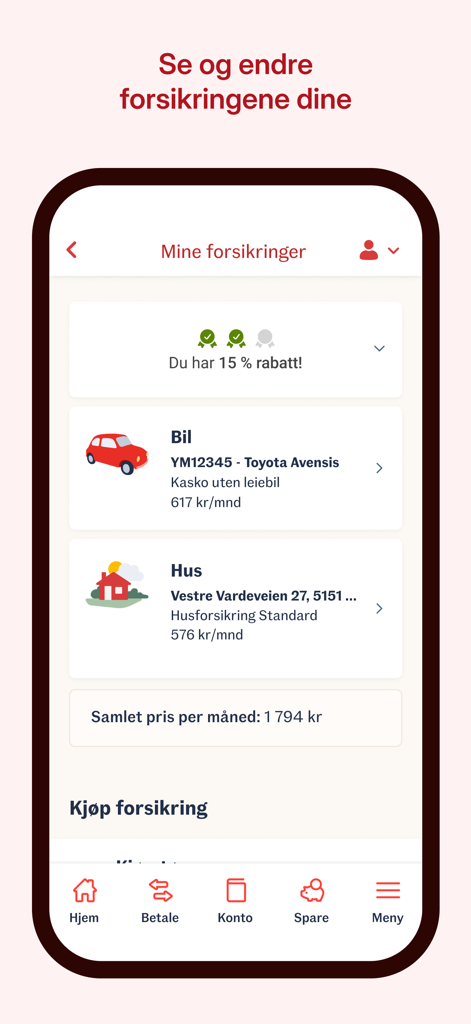 Sparebanken Norge Mobilbank - Screenshot of the insurance management screen in the Sparebanken Norge mobile app showing car and house insurance details