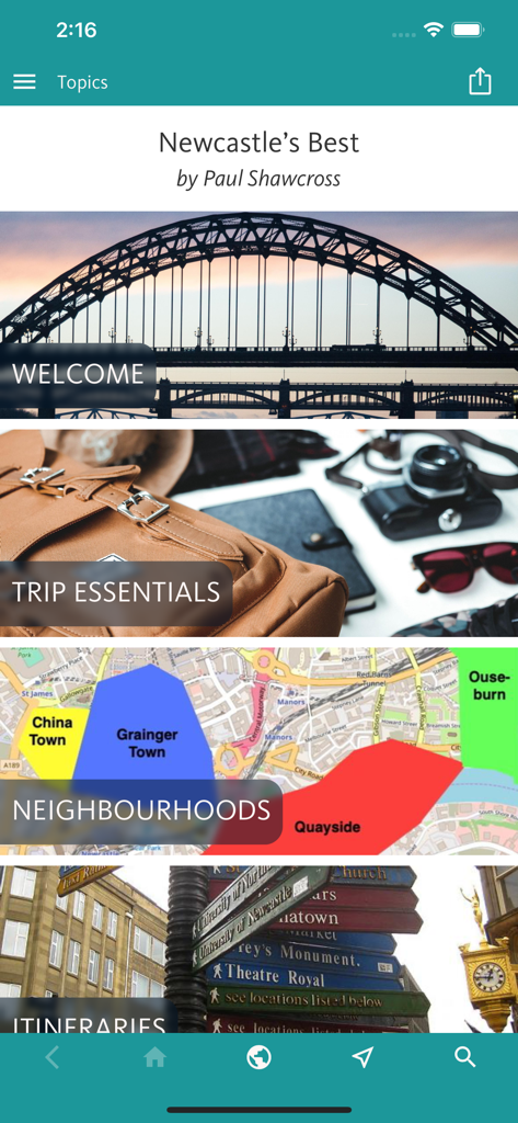 Hauptmenü der Newcastle's Best Reiseführer-App mit Abschnitten für Viertel und Reiserouten.