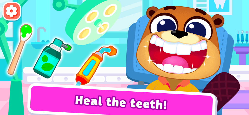 Pet Hospital games. Vet doctor - Castor de dibujos animados en una silla de dentista mostrando dientes blancos y brillantes con un cartel de texto que dice Cura los dientes