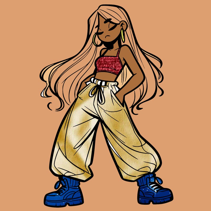 girl in baggy pants crop top and long hair