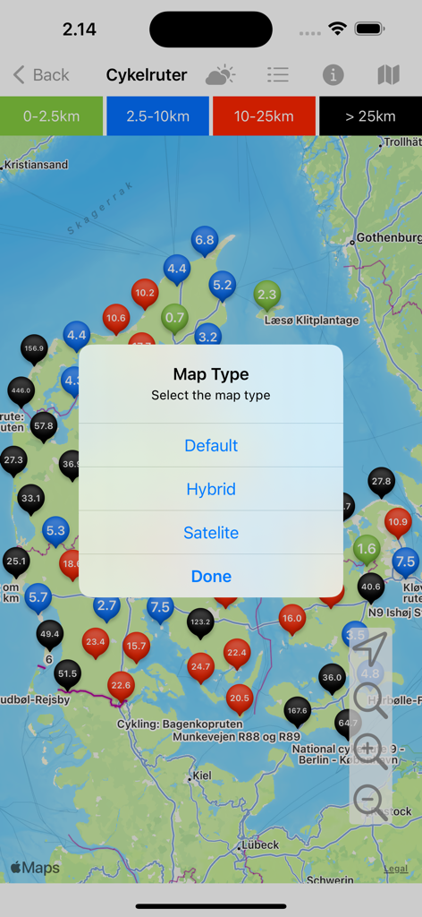 Eine Karte von Dänemark, die farblich kodierte Radwege mit einem Menü zur Auswahl des Kartentyps zeigt