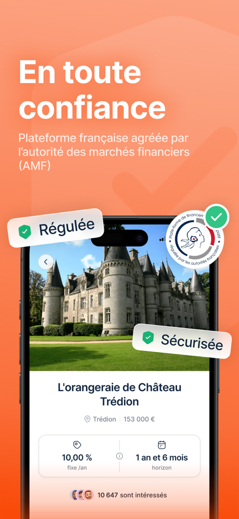 Bricks : Immobilier & Épargne - Bricks app interface showcasing a regulated fractional real estate investment project in a French castle with a 10 percent annual yield.