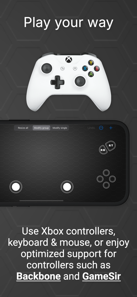 Xbox controller and iPhone showing customizable virtual game controls for the OneCast app.