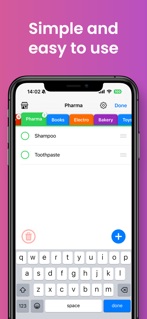 Shopping List by Store - iPhone画面に表示された、色分けされた店舗別タブ付きの買い物リスト