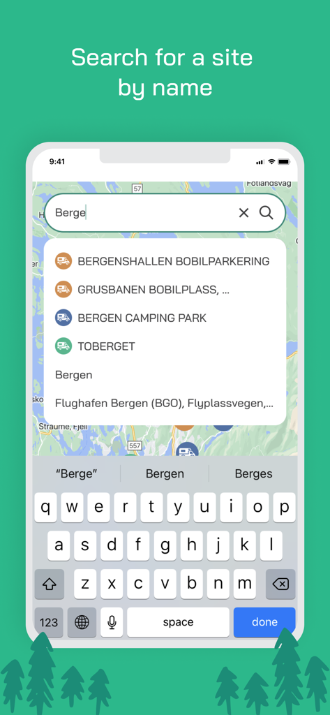 Suchoberfläche der Campersite Norwegen App, die vorgeschlagene Campingplätze und Wohnmobilstellplätze in Bergen anzeigt