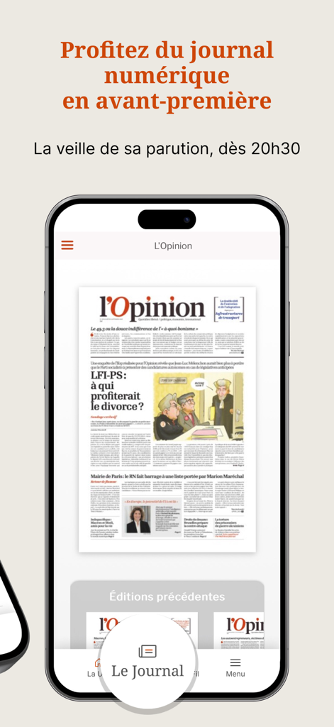l'Opinion - L'Opinionモバイルアプリのデジタル新聞プレビュー画面