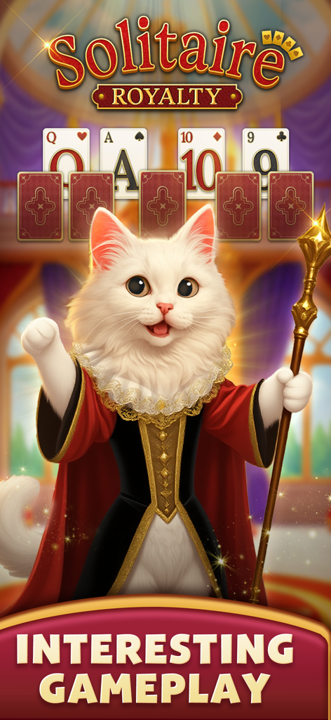 Solitaire Royalty: Happy Cards - Eine flauschige weiße Katze in königlichen Roben, die ein goldenes Zepter hält, mit Solitärkarten im Hintergrund